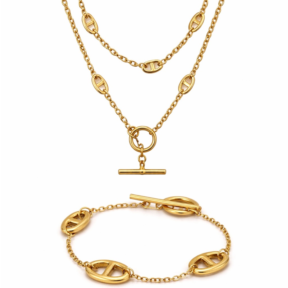 Multilayer Gold Plated Pig nose Necklace Bracelet Set Stainless Steel - Picture 2 of 15